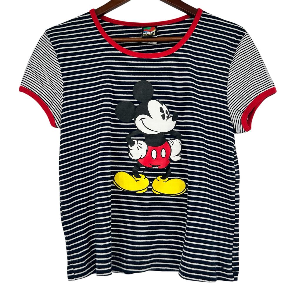 Vintage 90’s y2k Disney Mickey Mouse striped navy & white ringer t-shirt XL